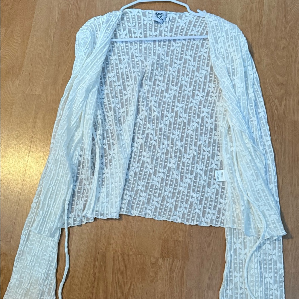 Princess Polly 👸 White Sheer Lace Tie-Front Cardigan